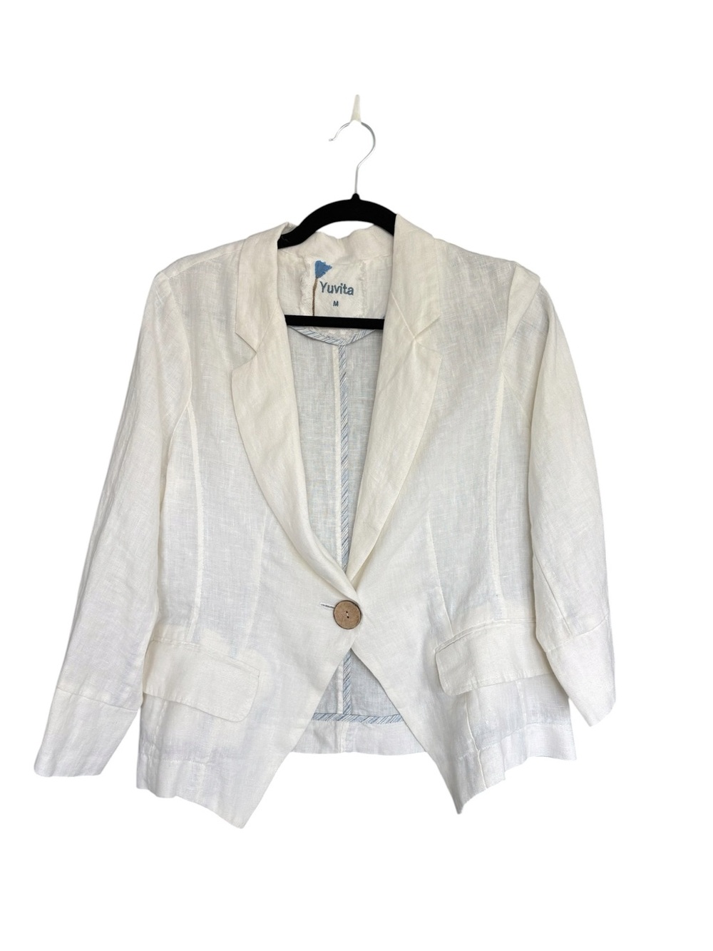 Yuvita White Linen Single-Button Blazer Jacket Size Medium Cropped Minimalist